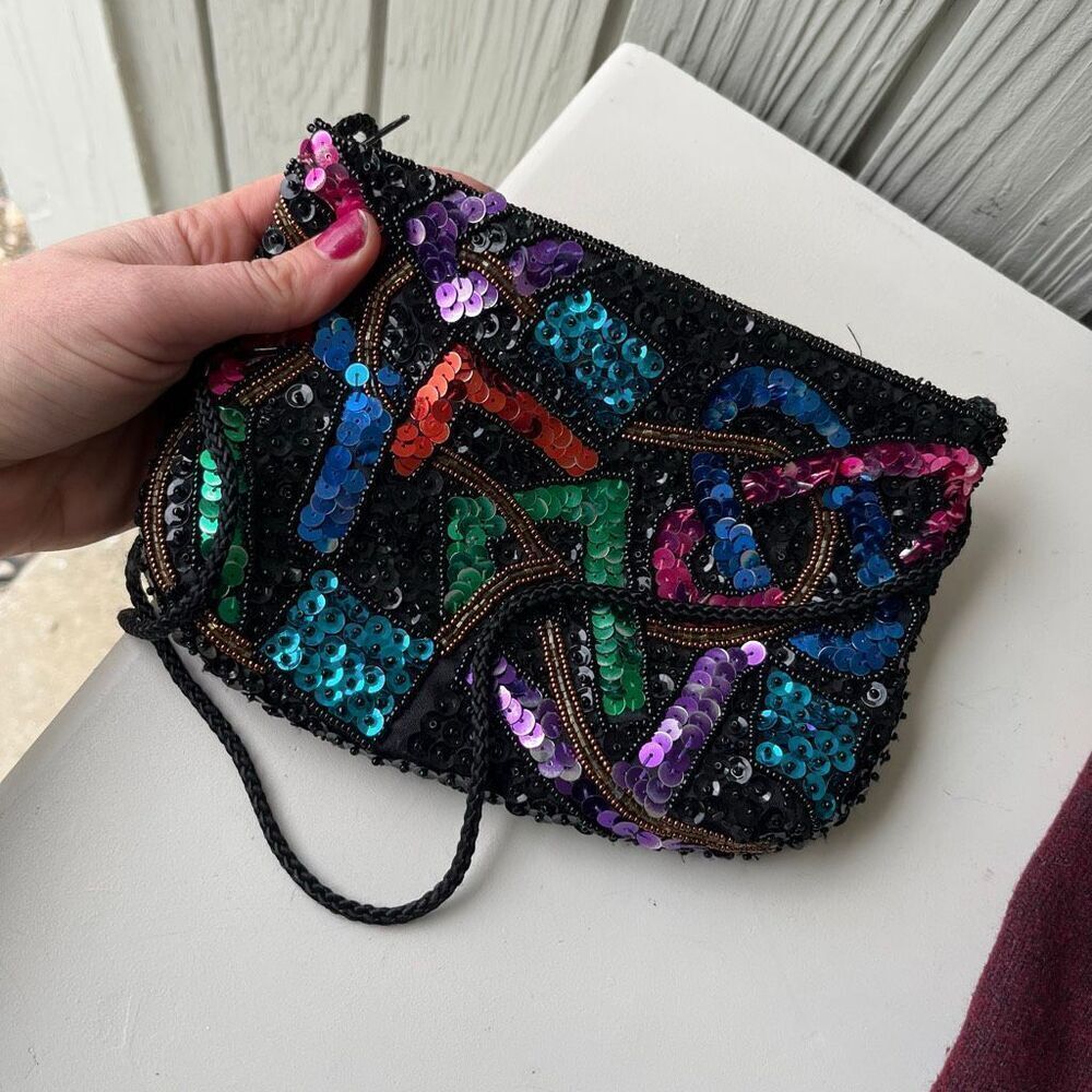 VTG 80s Beaded Sequin Crossbody Bag Black Multicolor Party Purse